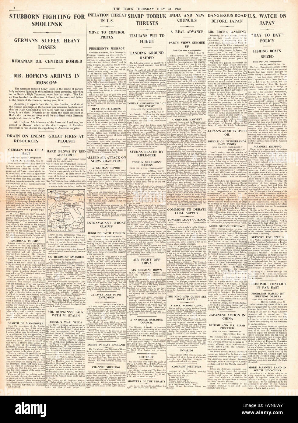1941 page 4  The Times Battle for Smolensk, Battle for Tobruk and U.S. Watch Japan Stock Photo