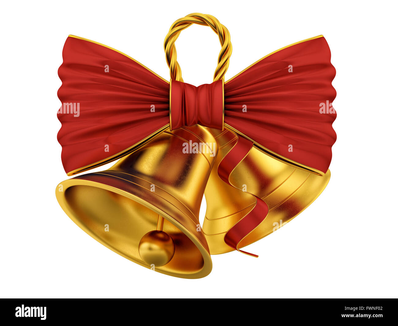 render of golden bells with red bow, isolated on white Stock Photo - Alamy