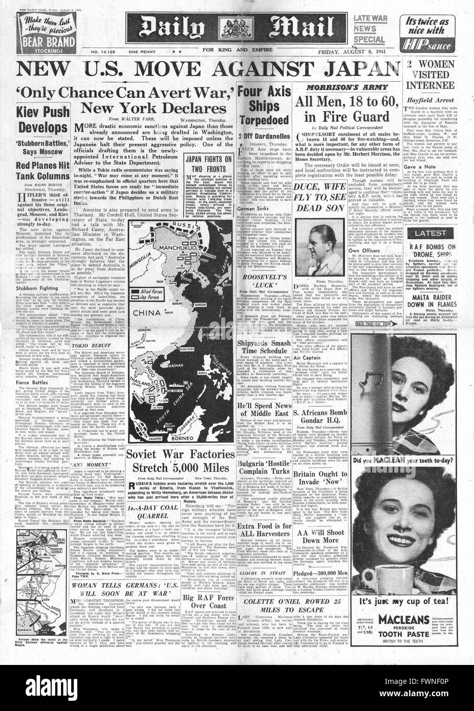 1941 front page  Daily Mail U.S. Economic sanctions against Japan and Herbert Morrison, Home Secretary enrolls all men between 18 and 60 in Fire Watching Stock Photo