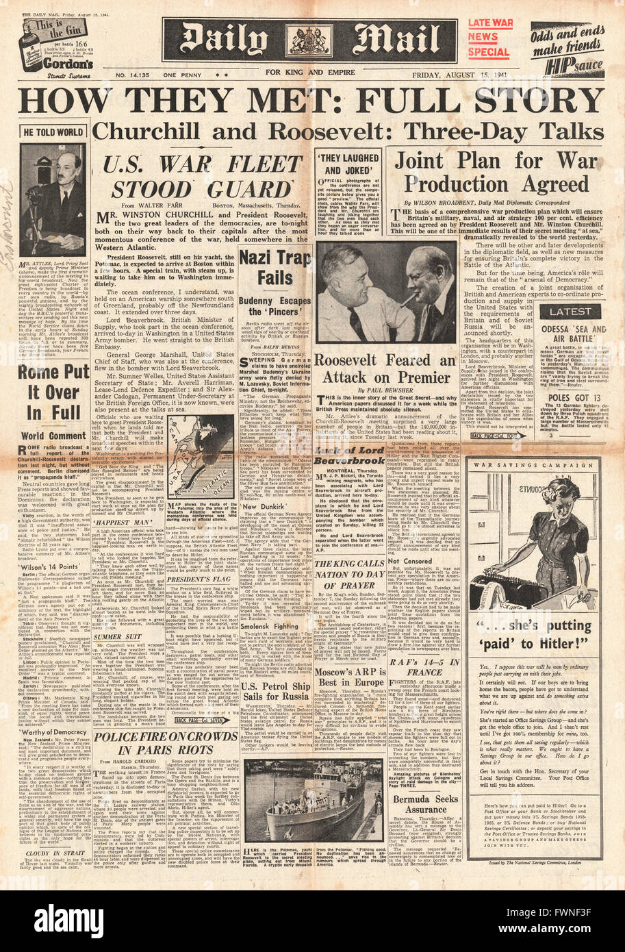 1941 front page Daily Mail Churchill and Roosevelt agree Atlantic Charter Stock Photo