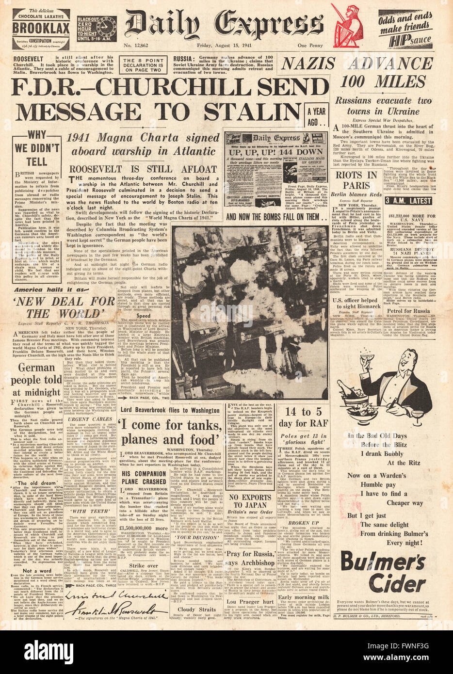 1941 front page Daily Express Churchill and Roosevelt agree Atlantic Charter Stock Photo