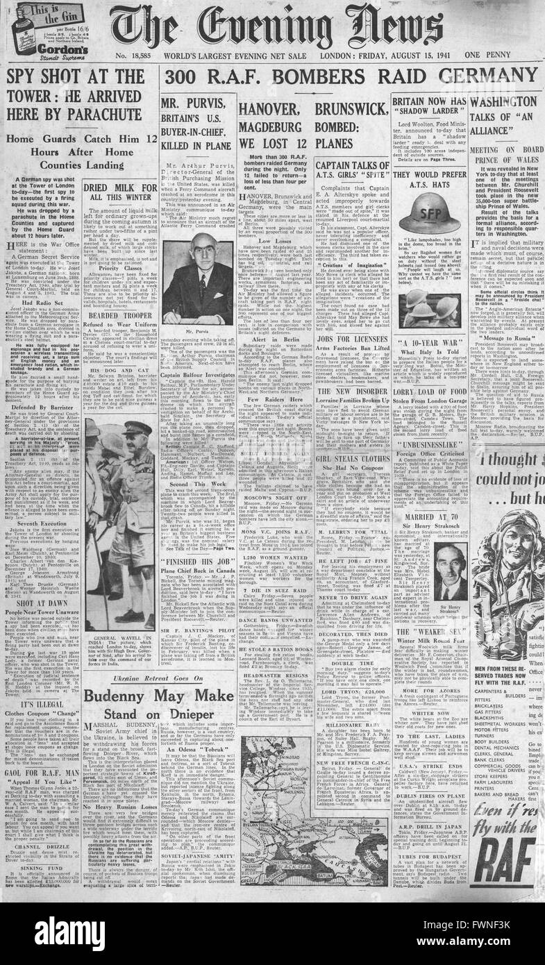 1941 front page Evening News (London) RAF bombing Raids over Germany Stock Photo