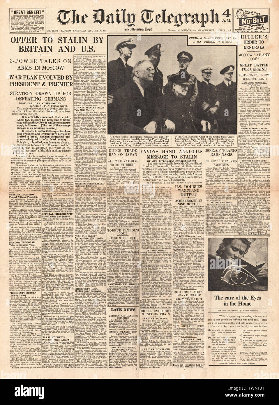 1941 front page Daily Telegraph Churchill and Roosevelt agree Atlantic Charter Stock Photo