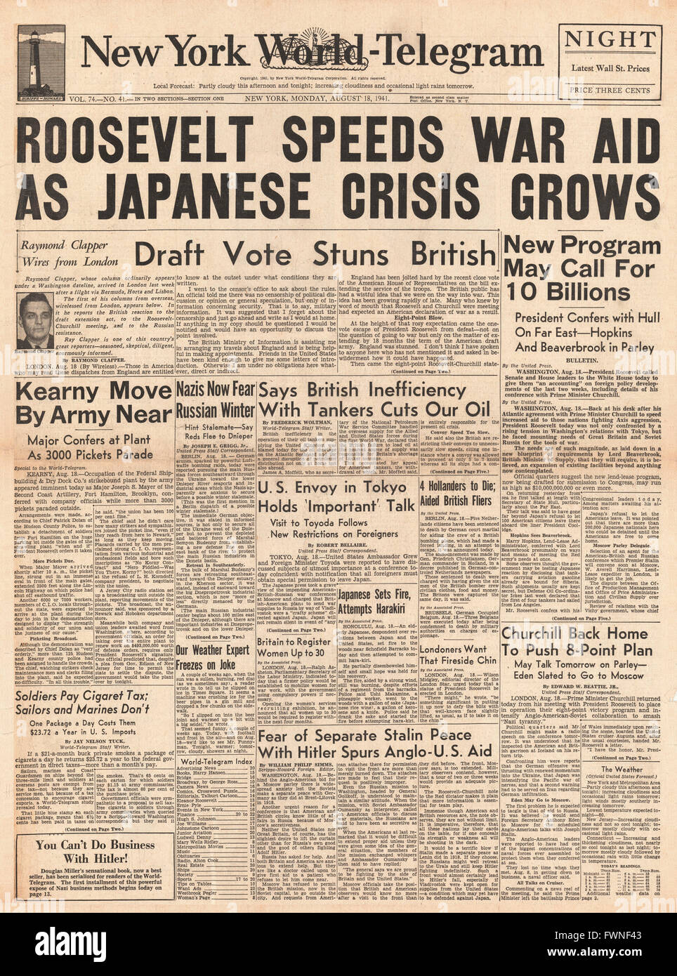 1941 front page New York World Telegram Roosevelt to speed up aid in Japan Crisis Stock Photo
