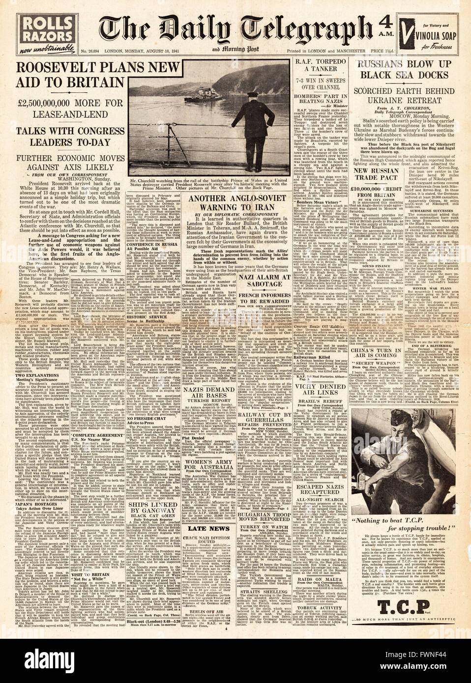 1941 front page  Daily Telegraph Roosevelt plans more aid for Britain Stock Photo
