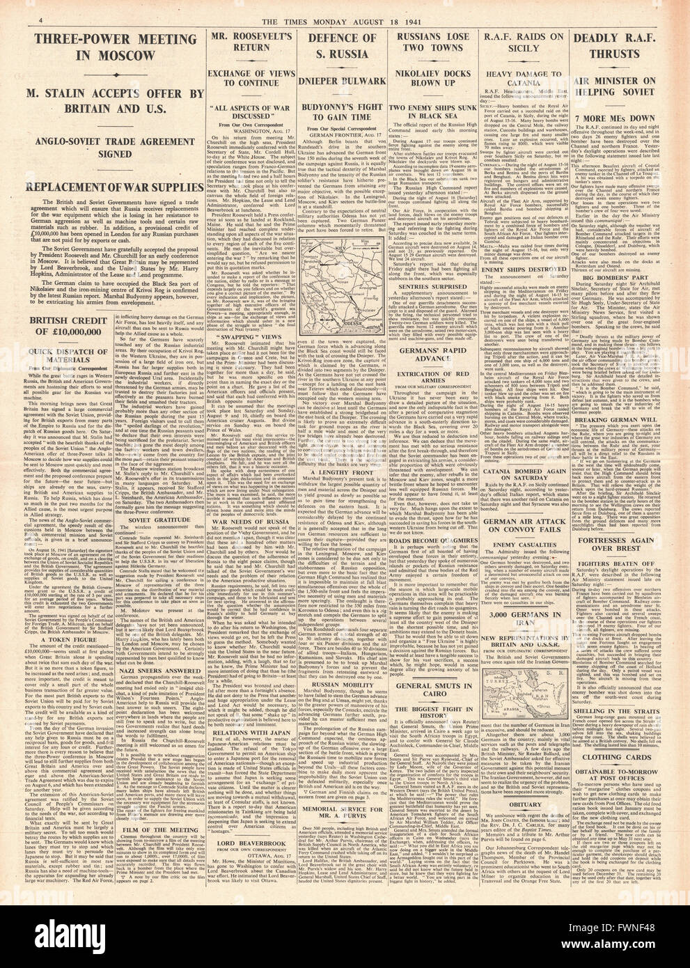1941 page 4 The Times Stalin prepares Three - Power conference in Moscow and RAF Raids on France and Sicily Stock Photo