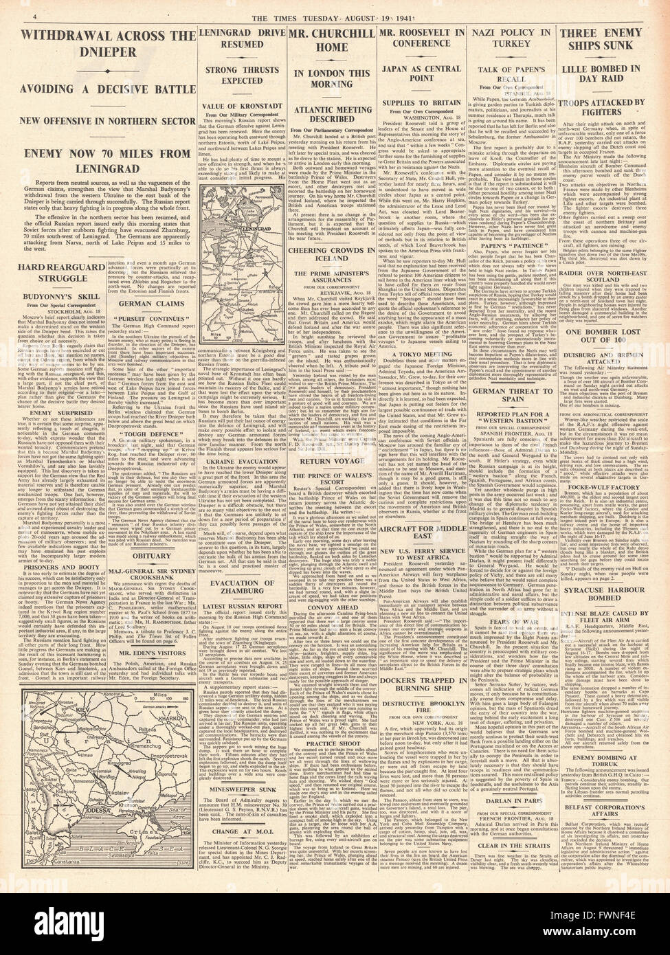 1941 page 4 The Times Russian Army Retreat over the Dnieper Stock Photo