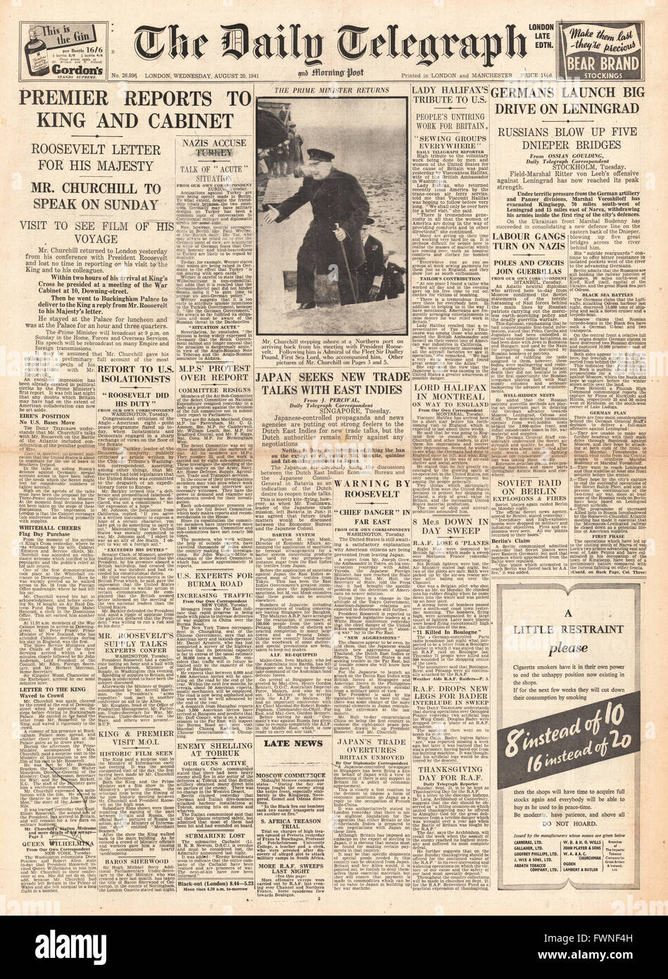 1941 front page  Daily Telegraph Churchill returns from Atlantic Conference and German Army launch big drive against Leningrad Stock Photo
