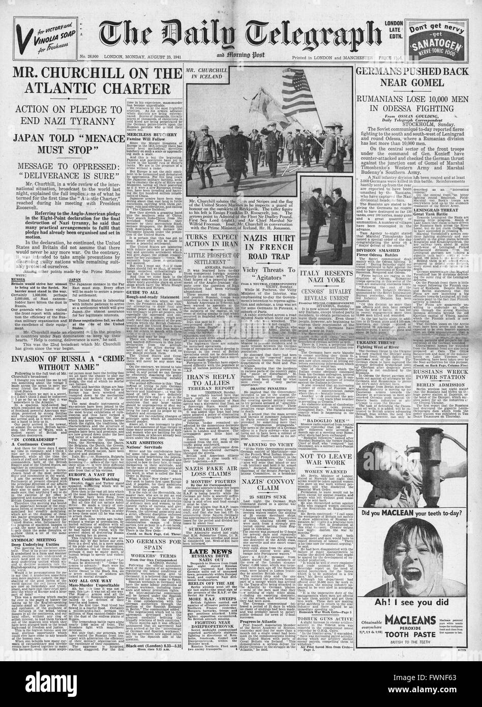 1941 front page Daily Telegraph Churchill Broadcasts Details of Atlantic Charter and German Army Held at Gomel Stock Photo