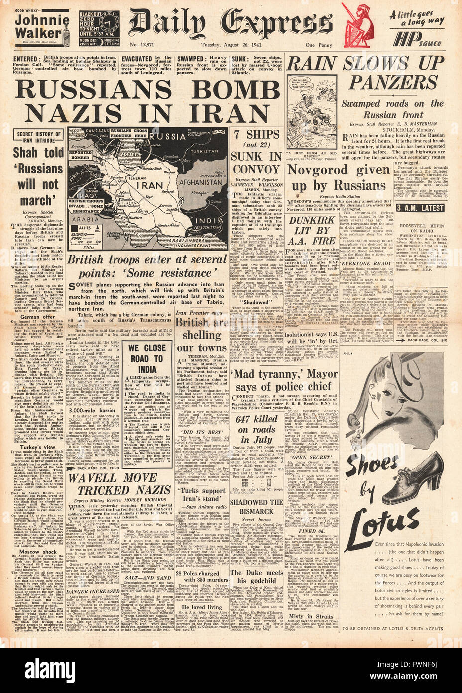 1941 front page Daily Express Soviet Air Force Bomb Iranian Air Base of Tabriz and Battle for Russia Stock Photo