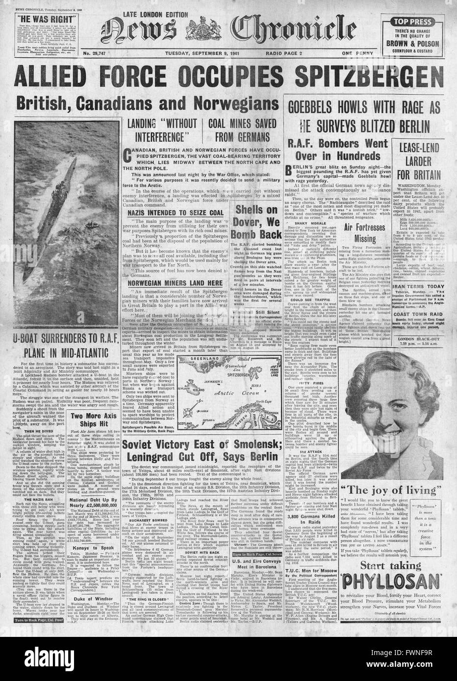 1941 front page News Chronicle Allied Forces occupy Spitzbergen Stock Photo