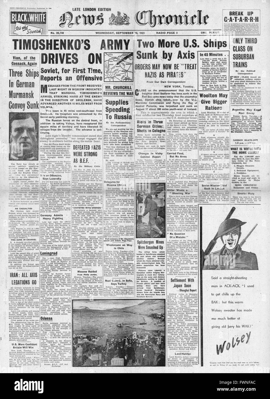 1941 front page  News Chronicle Marshal Timoshenko leads Russian counter attack and U-Boat sinks U.S. Freighter's Longtaker and Steel Seafarer Stock Photo