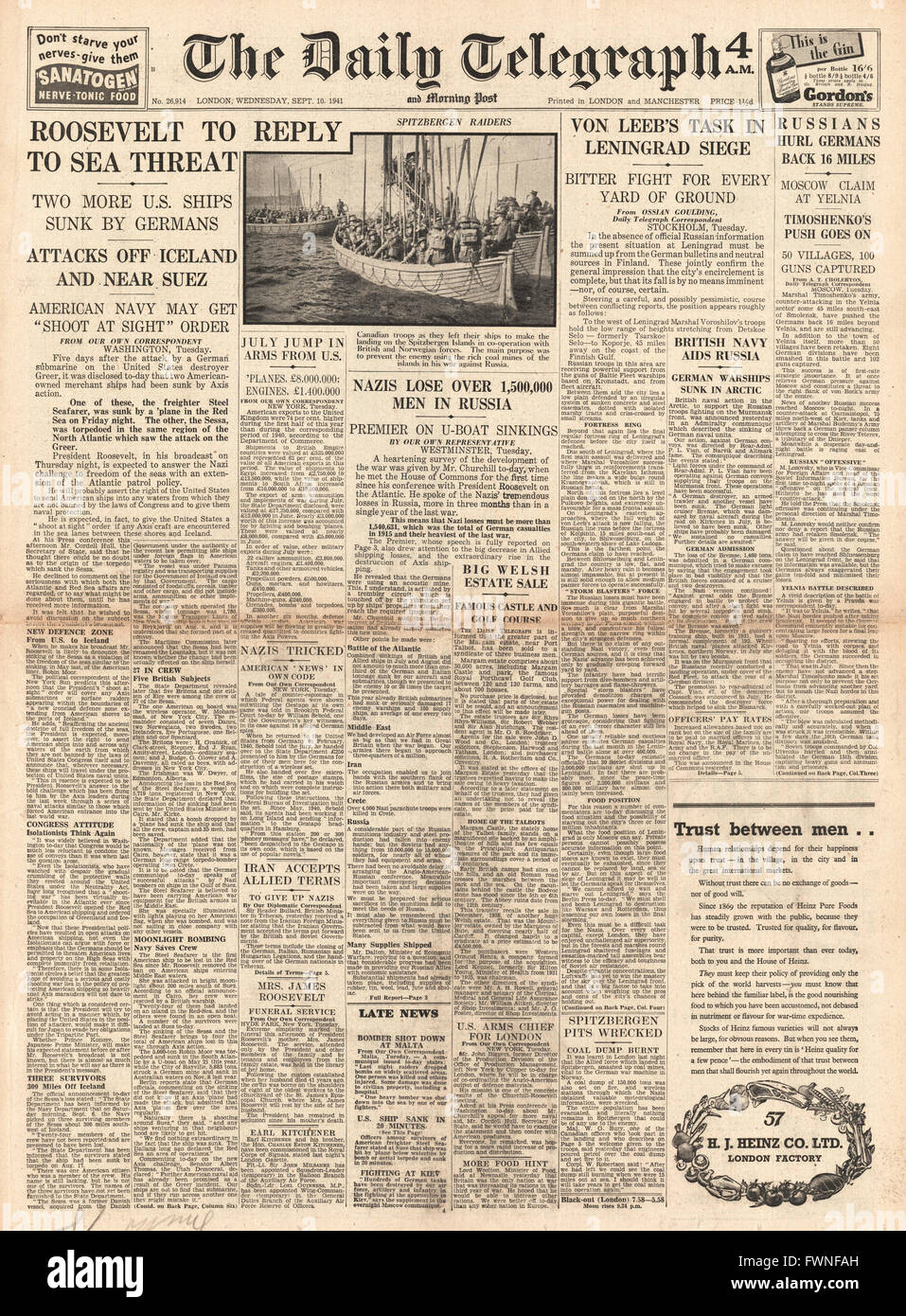1941 front page Daily Telegraph Roosevelt replies to German Sea Threat, Siege of Leningrad and Allied Forces in Spitzenbergen Stock Photo