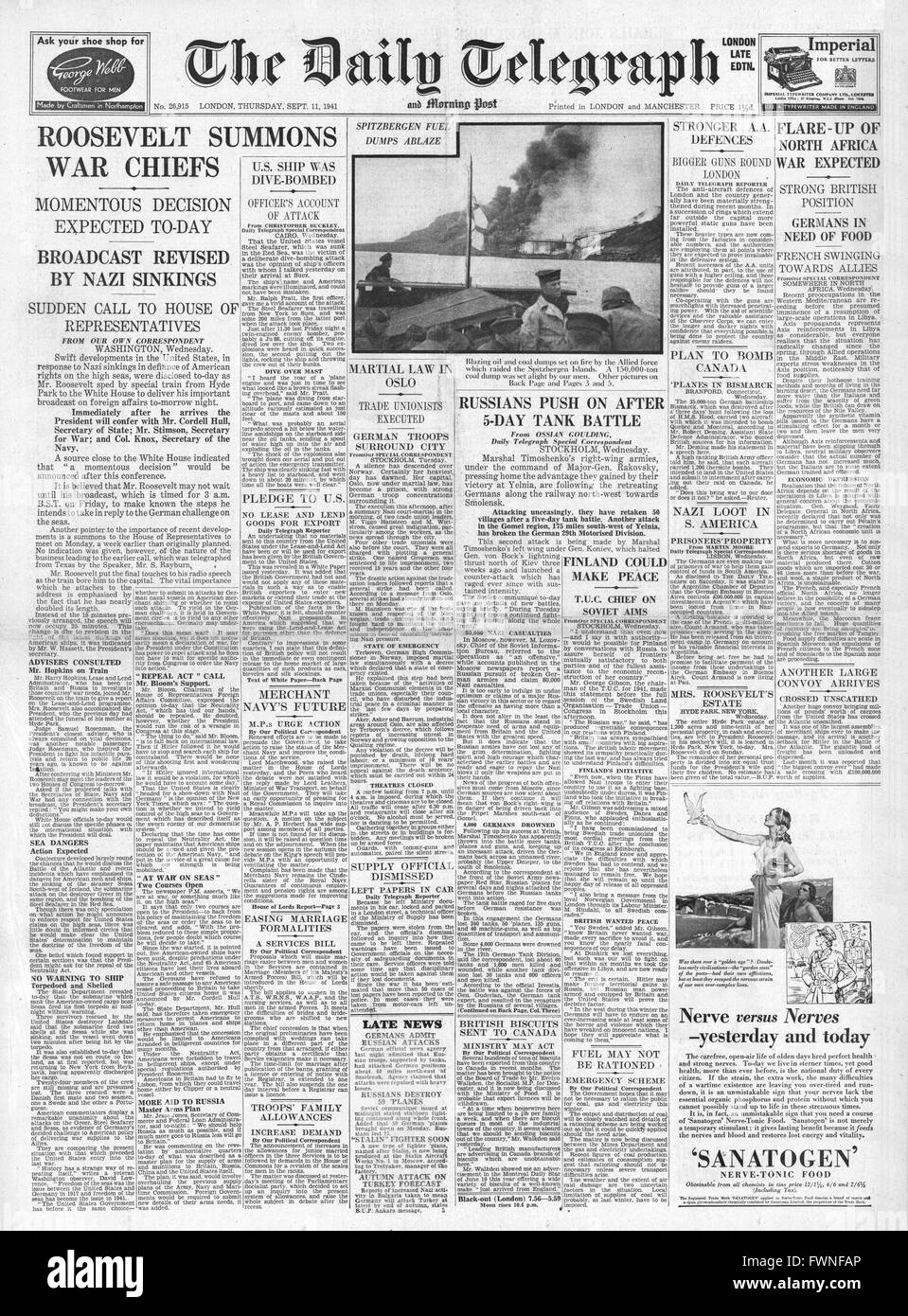 1941 front page Daily Telegraph Russian Forces under Marshal Timoshenko drive to Smolensk and Roosevelt summons War Chiefs to Congress Stock Photo