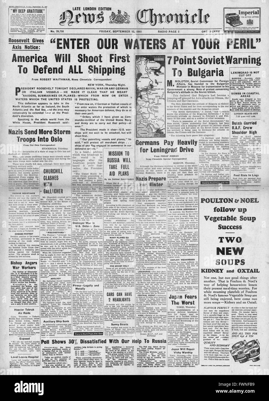 1941 front page  News Chronicle Roosevelt Speech on Battle of the Atlantic and Soviet warning to Bulgaria Stock Photo