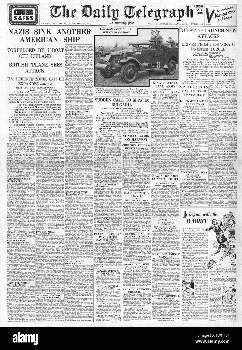 1941 front page  Daily Telegraph U-Boat torpedoes Cargo ship Montana and Russia launch new counter attacks Stock Photo