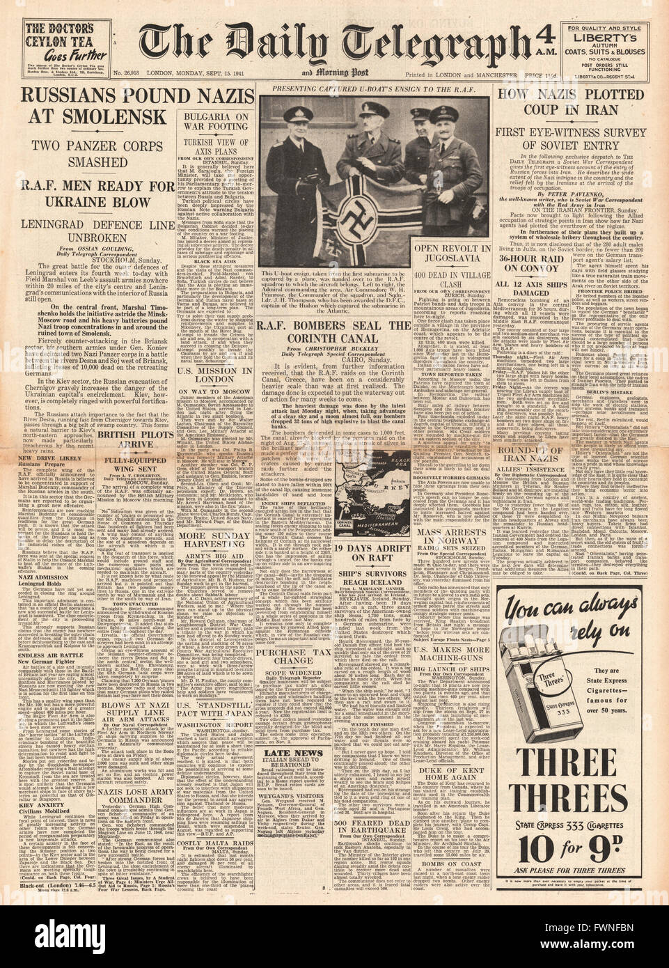 1941 front page Daily Telegraph Russian Forces attack Germans at Smolensk, RAF Bomb Corinth Canal and German coup plot in Iran Stock Photo