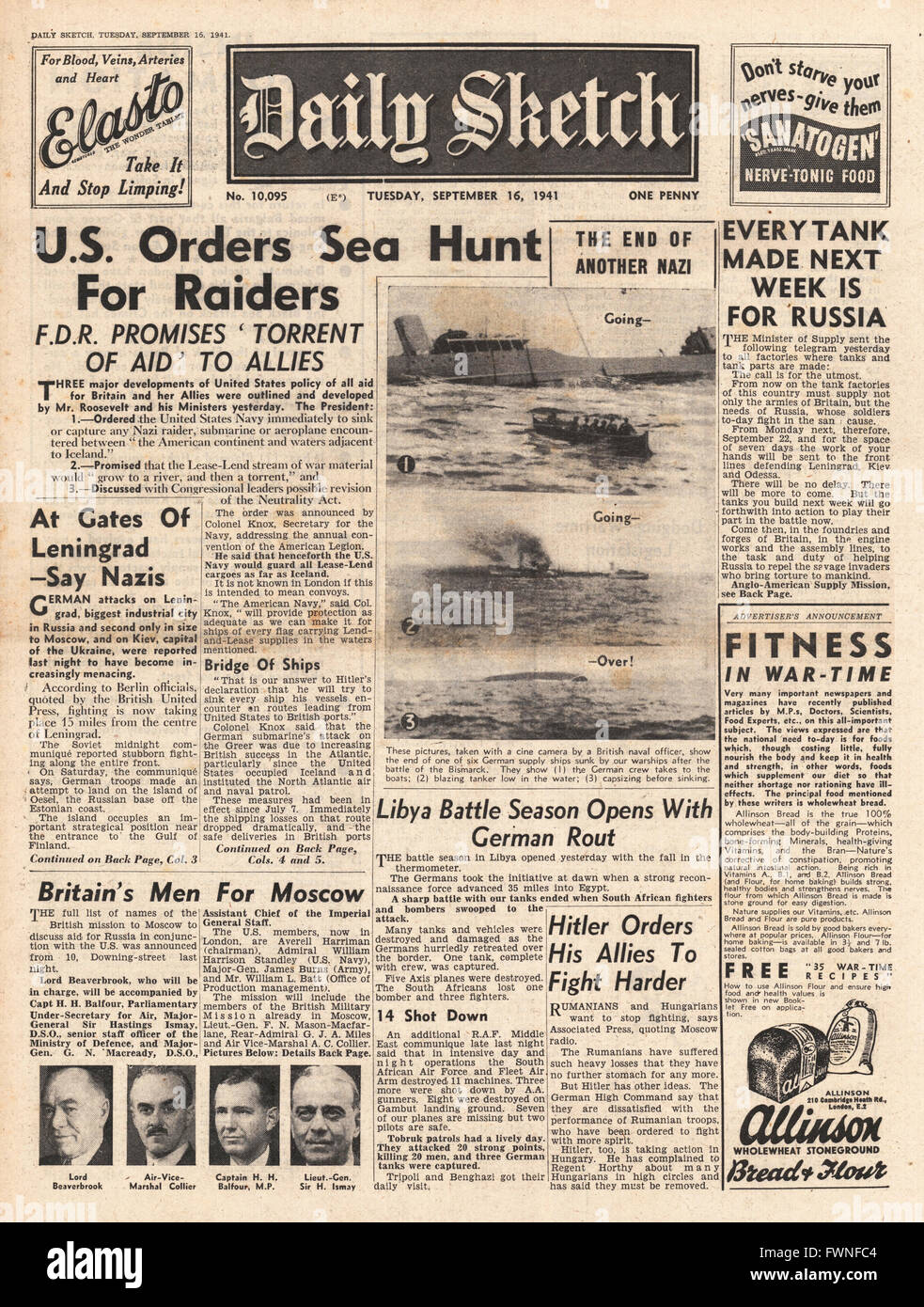 1941 front page Daily Sketch U.S. Navy in Battle of Atlantic and British mission to Moscow Stock Photo
