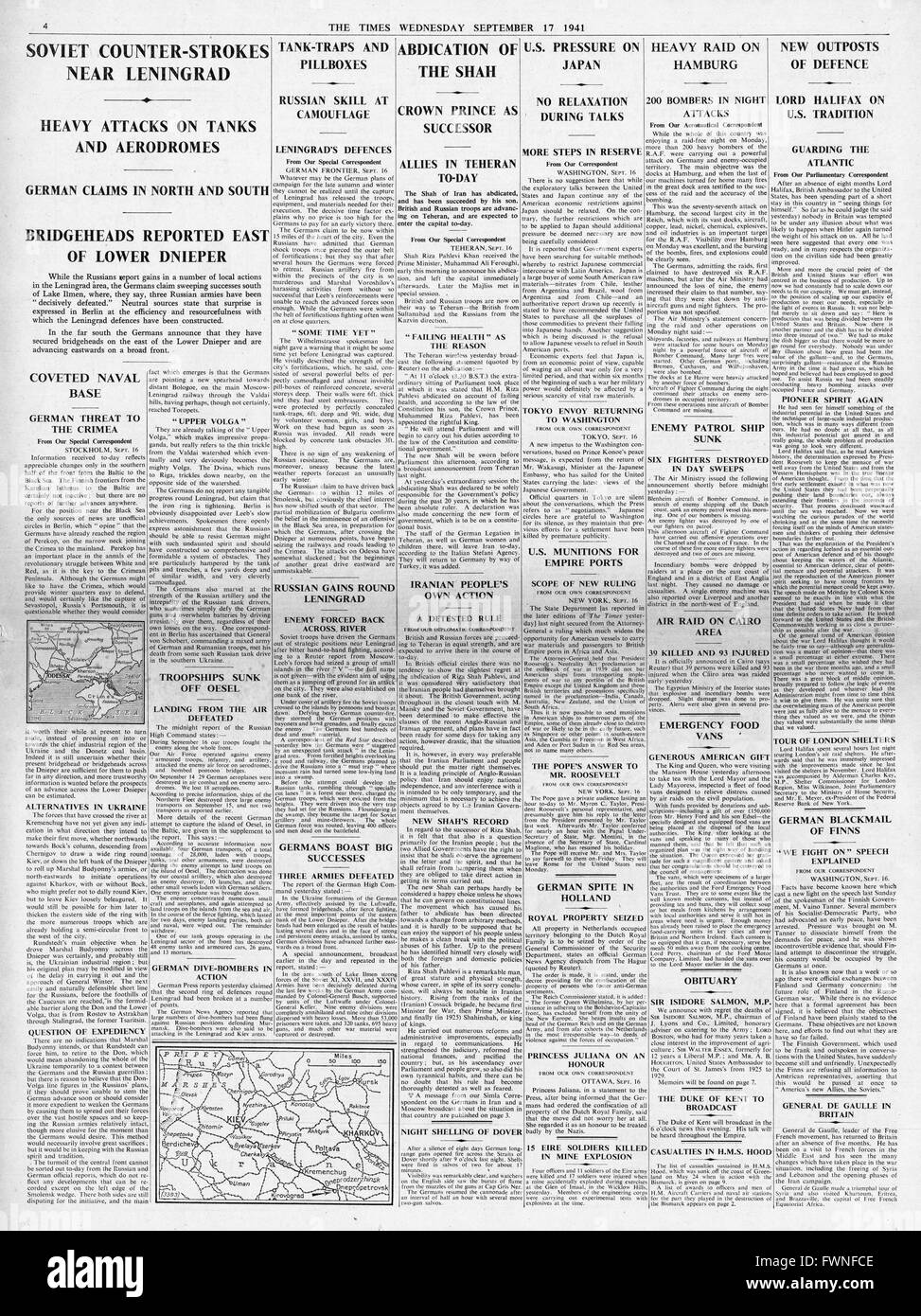 1941 page 4 The Times Russian counter attacks near Leningrad, abdication of the Shah of Iran and RAF bomb Hamburg Stock Photo