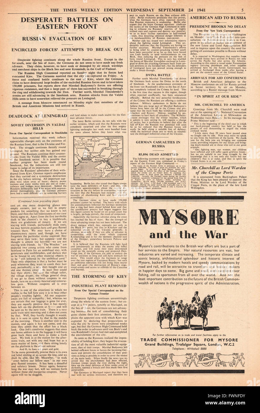 1941 page 5  The Times Weekly Edition Desperate Battles on Eastern Front Stock Photo