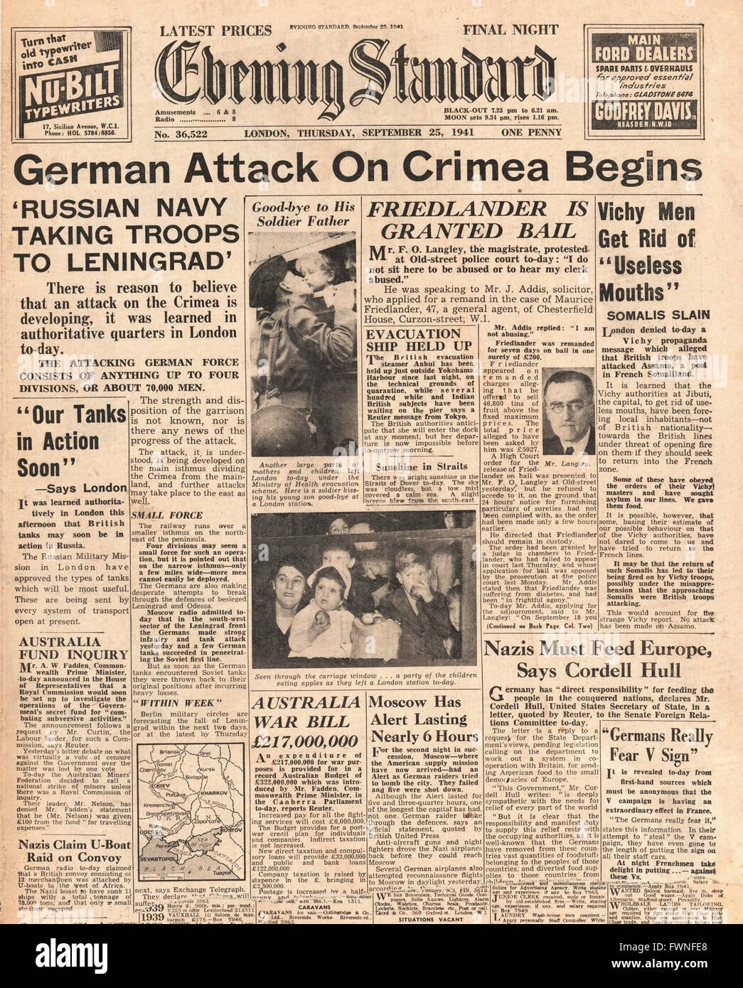 1941 front page  Evening Standard German Army launch attack in Crimea Stock Photo