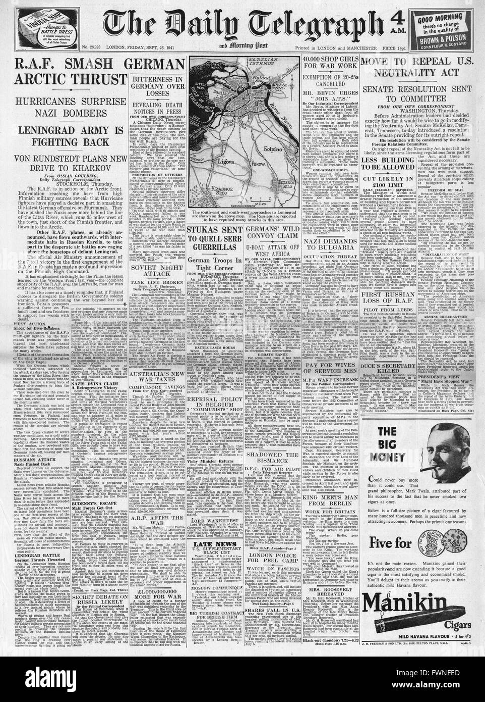 1941 front page Daily Telegraph RAF in action on Arctic Front and U.S. Bill to end Neutrality Stock Photo