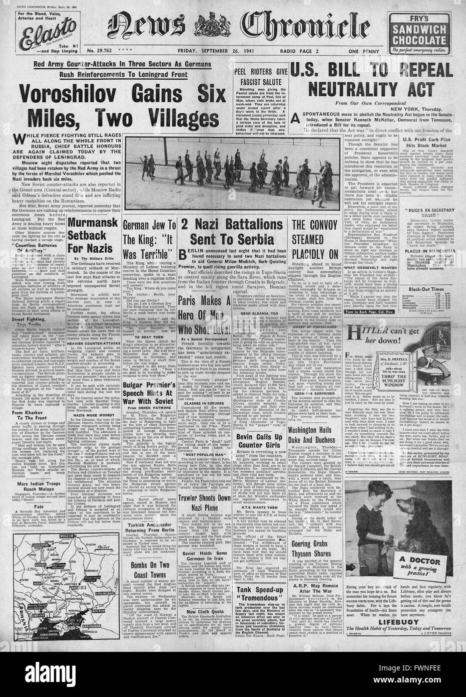 1941 front page  News Chronicle Russian Army counter attacks along Eastern Front and  U.S. Bill to end Neutrality Stock Photo