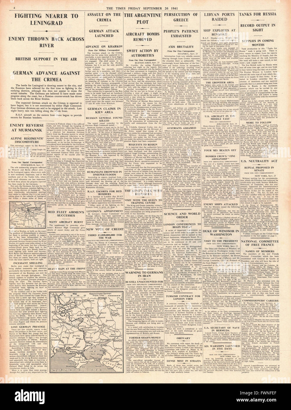 1941 page 4 The Times Battle for Leningrad and Crimea and German plot in Argentina Stock Photo