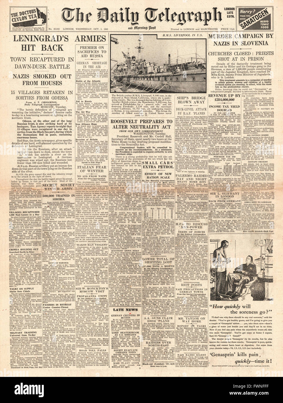 1941 front page Daily Telegraph  Russian Army gains at Leningrad and Churchill speech pledging aid to Russia and executions in Czechoslovakia Stock Photo