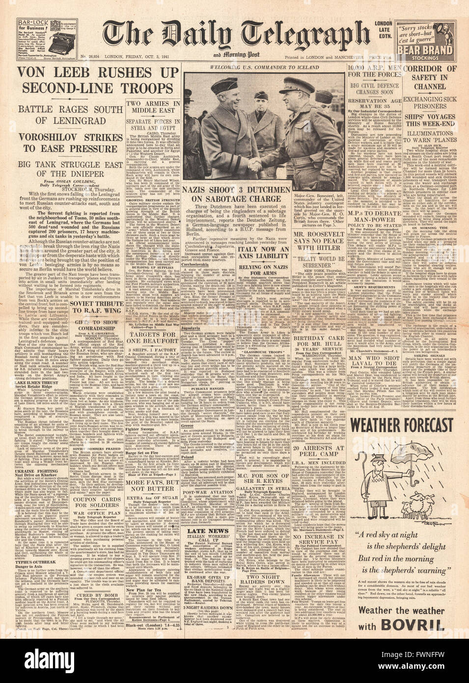 1941 front page  Daily Telegraph Battle rages around Leningrad Stock Photo