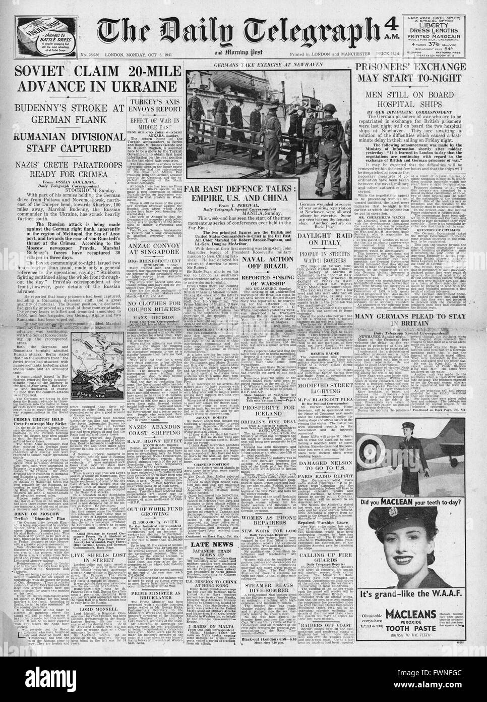 1941 front page  Daily Telegraph Russian Army counter offensive in Ukraine and agreement reached over prisoners exchanged on Mercy Ships Stock Photo