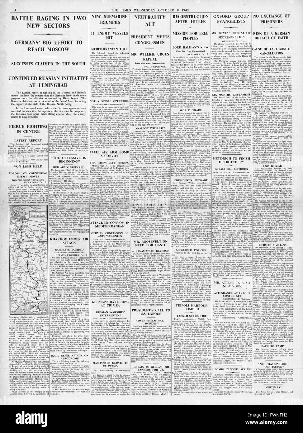1941 page 4  The Times Battles raging in Russia, Royal Navy successes in Mediterranean and Roosevelt discusses Neutrality Act Stock Photo