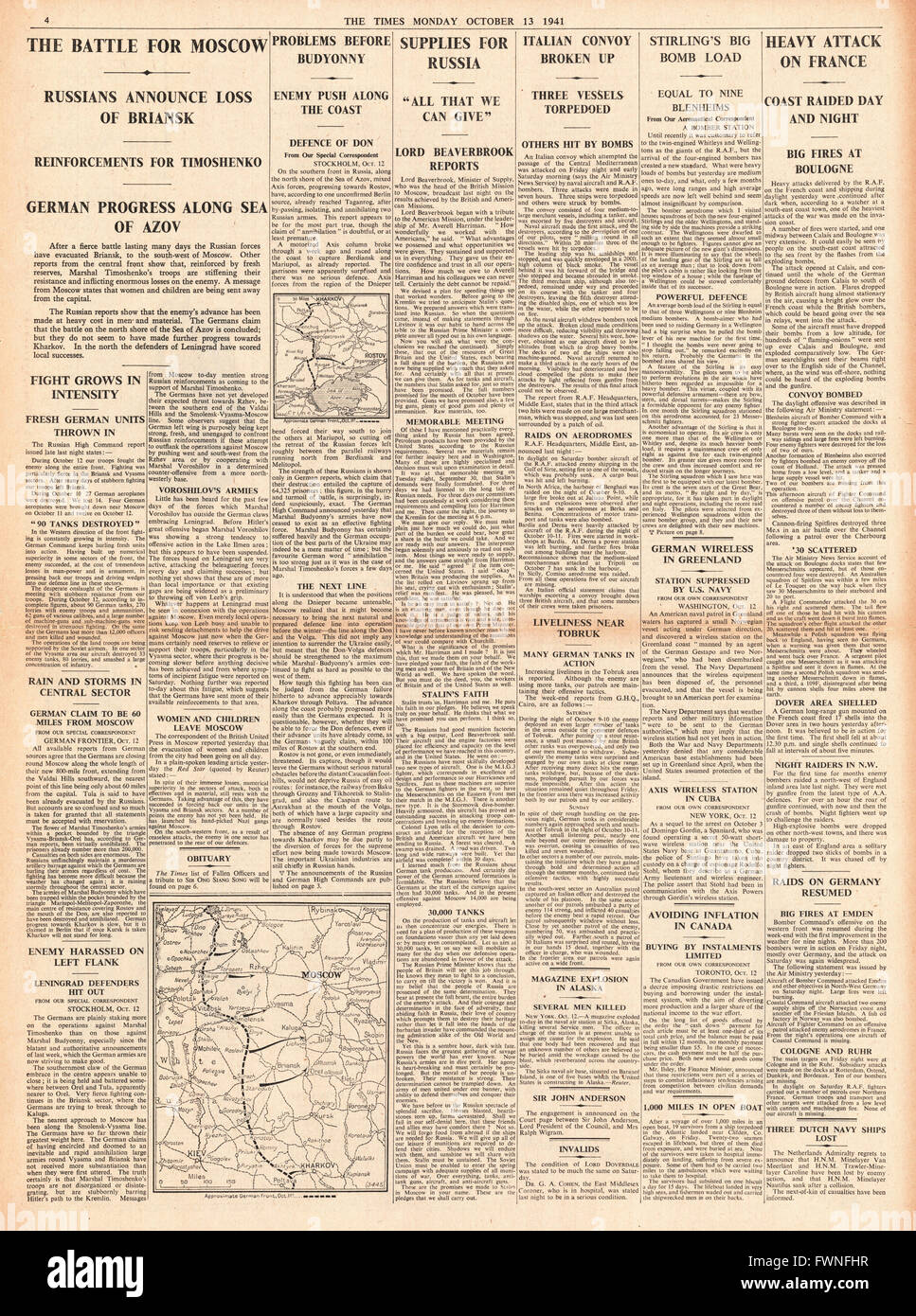 1941 page 4  The Times Battle for Moscow, British aid for Russia and RAF Raids on France Stock Photo