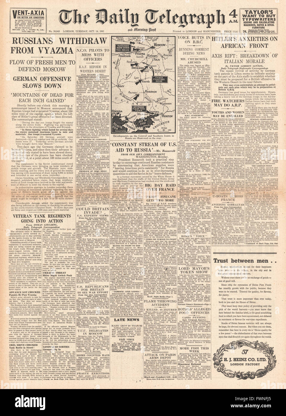 1941 front page  Daily Telegraph Battle for Moscow and Hitlers concern on African Front Stock Photo