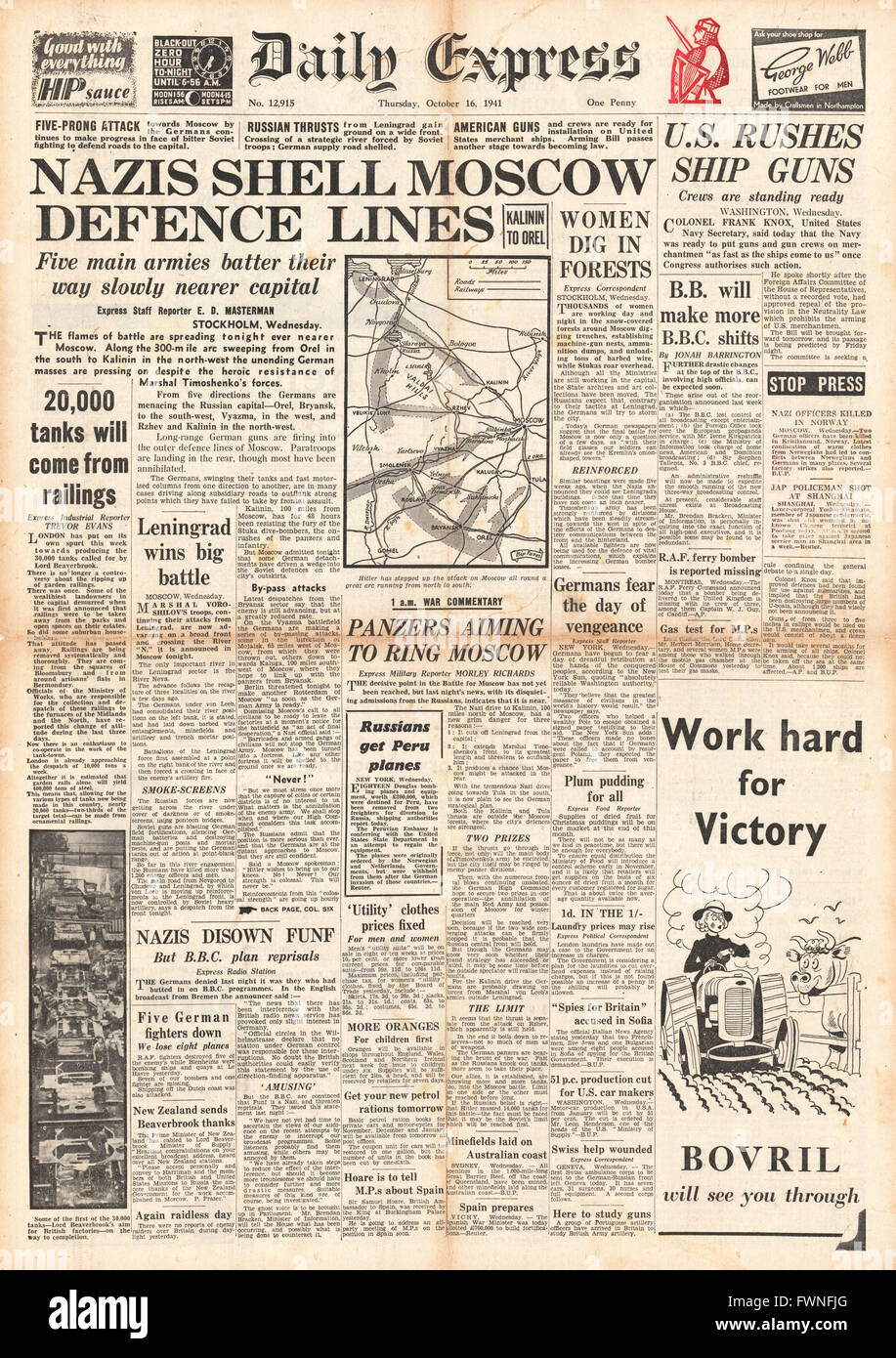 1941 front page  Daily Express Battle for Moscow and U.S. ready to arm Merchant Ships Stock Photo