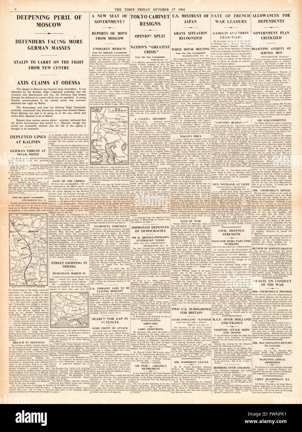 1941 page 4 The Times Battle for Moscow, fall of Odessa and Roosevelt meets war chiefs on Japan Stock Photo