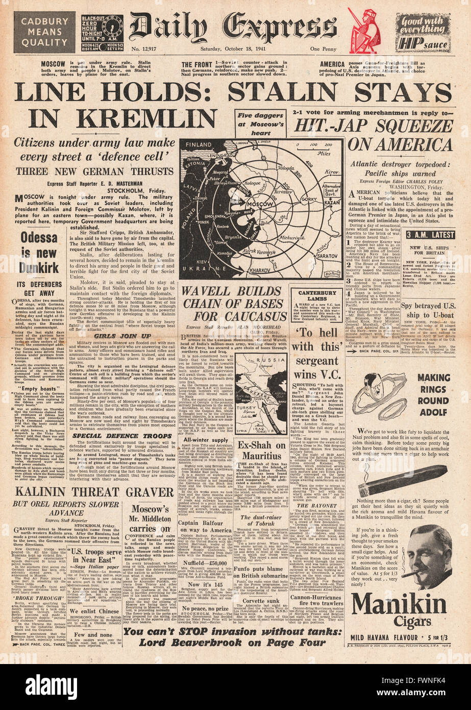 1941 front page Daily Express Battle for Moscow, General Wavell builds bases in Iran and Iraq and Sergeant John Hinson wins Victoria Cross Stock Photo