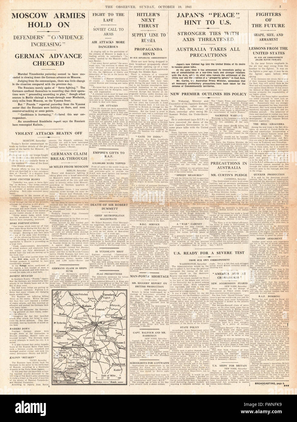 1941 page 5  The Observer Battle for Moscow and Japans peace hint to the U.S. Stock Photo