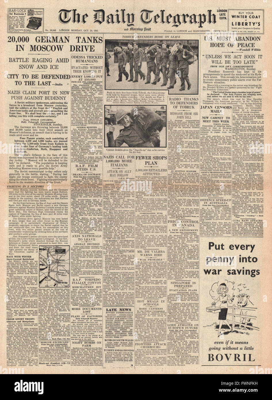 1941 front page  Daily Telegraph Battle for Moscow and Wendell Willkie calls on U.S. to join the war Stock Photo