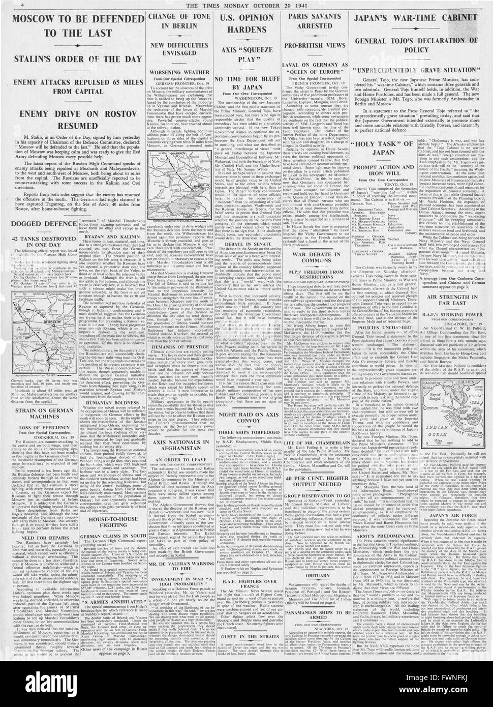 1941 page 4 The Times Battle for Moscow, Wendell Willkie calls on U.S. to join the war and General Hideki Tojo is new leader of Japanese Cabinet Stock Photo