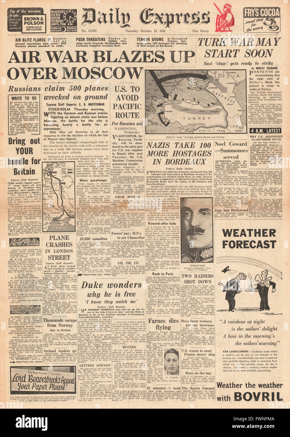 1941 front page Daily Express Air War over Moscow and Arrests in Bordeaux after German officer shot dead Stock Photo