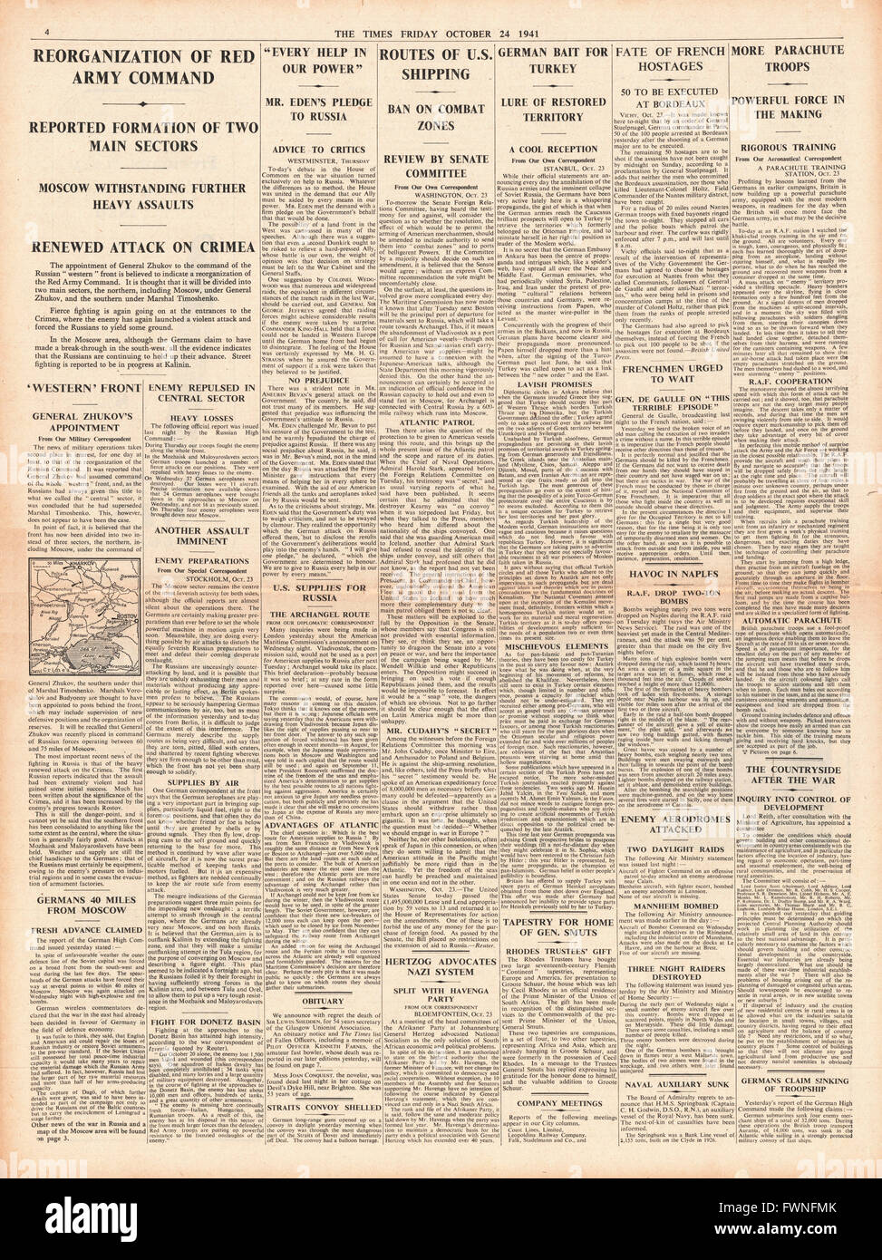 1941 page 4 The Times Battle for Moscow and Crimea and French hostages to be executed in Bordeaux Stock Photo