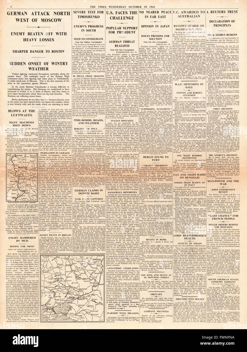1941 page 4 The Times Battle for Moscow and VC awarded to Australian Army Private James Gordon Stock Photo