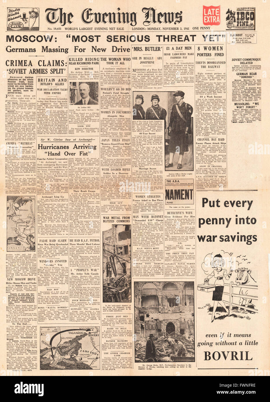 1941 front page Evening News (London)  Battle for Moscow and Crimea Stock Photo