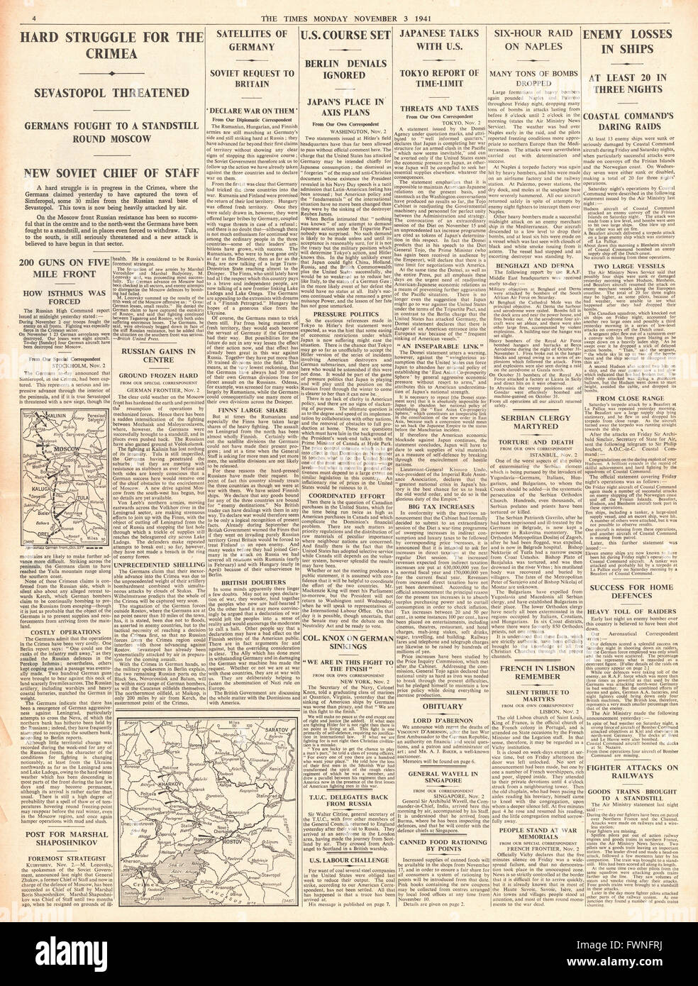 1941 page 4 The Times Battle for Moscow and Crimea, RAF Bomb Naples and German Shipping Stock Photo
