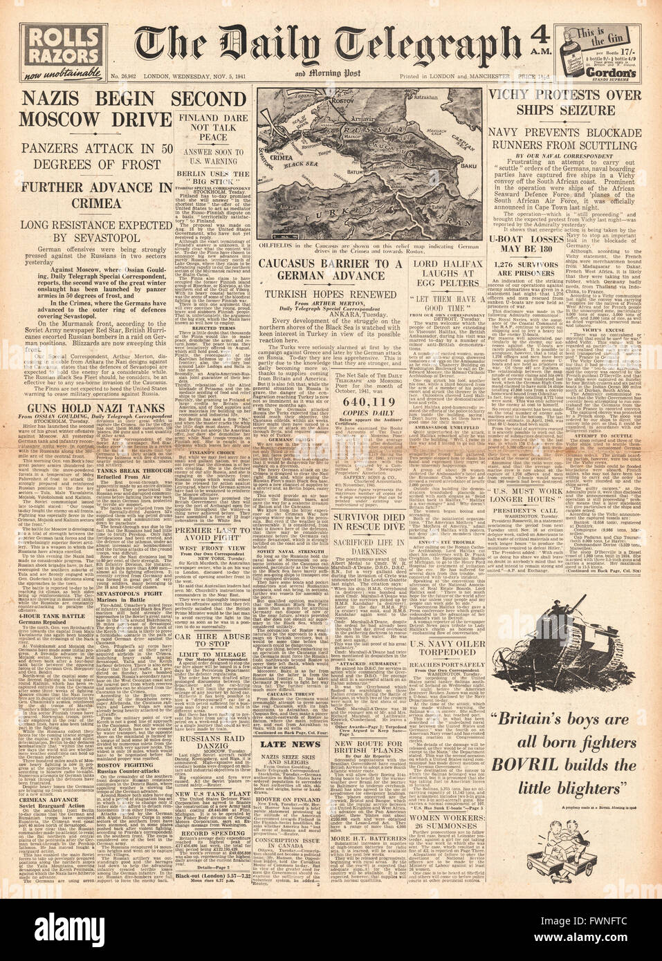 1941 front page Daily Telegraph Battle for Moscow and Crimea Stock Photo