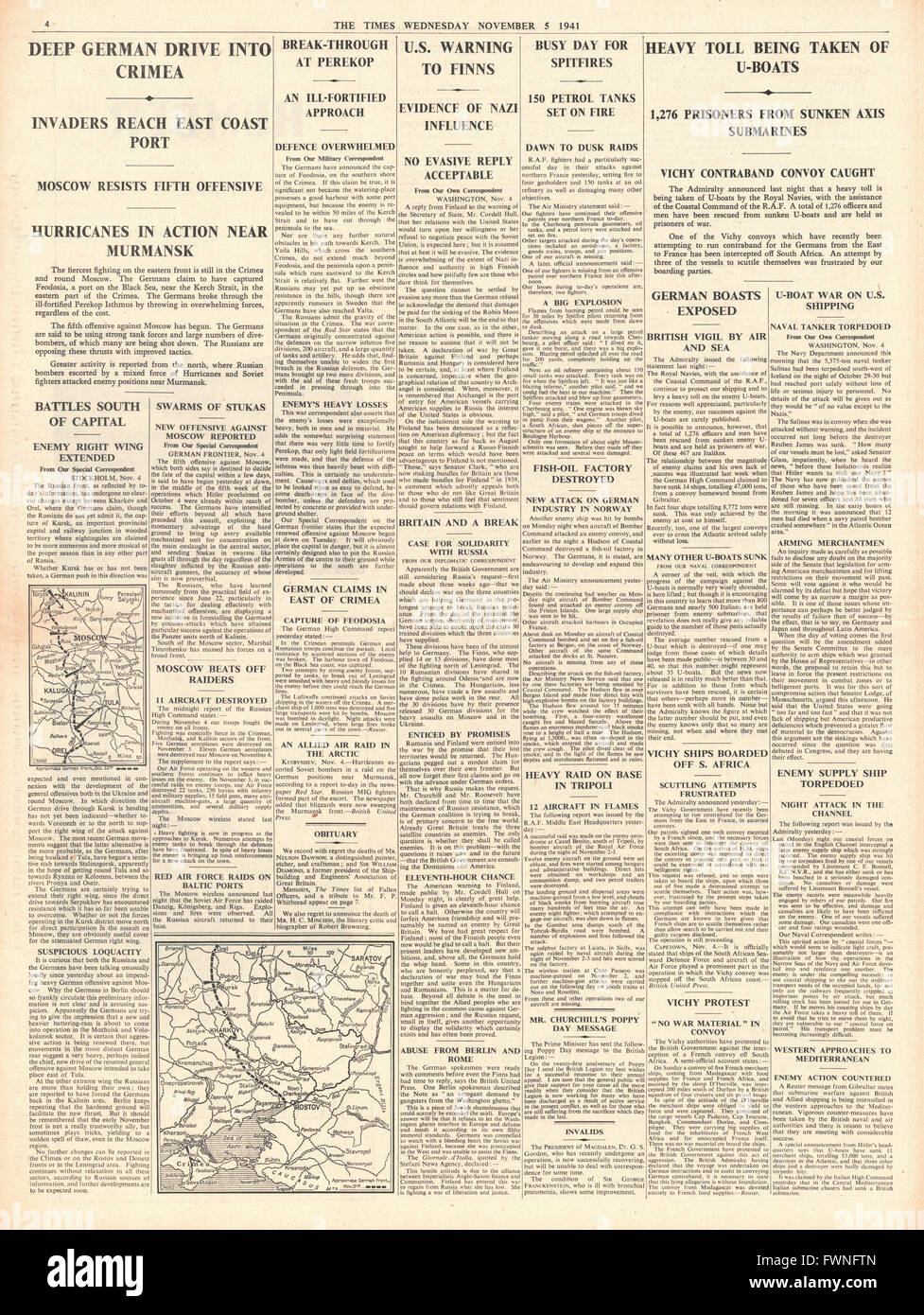 1941 page 4 The Times Battle in Crimea and Roosevelt warns Finland against Military operations against Russia Stock Photo