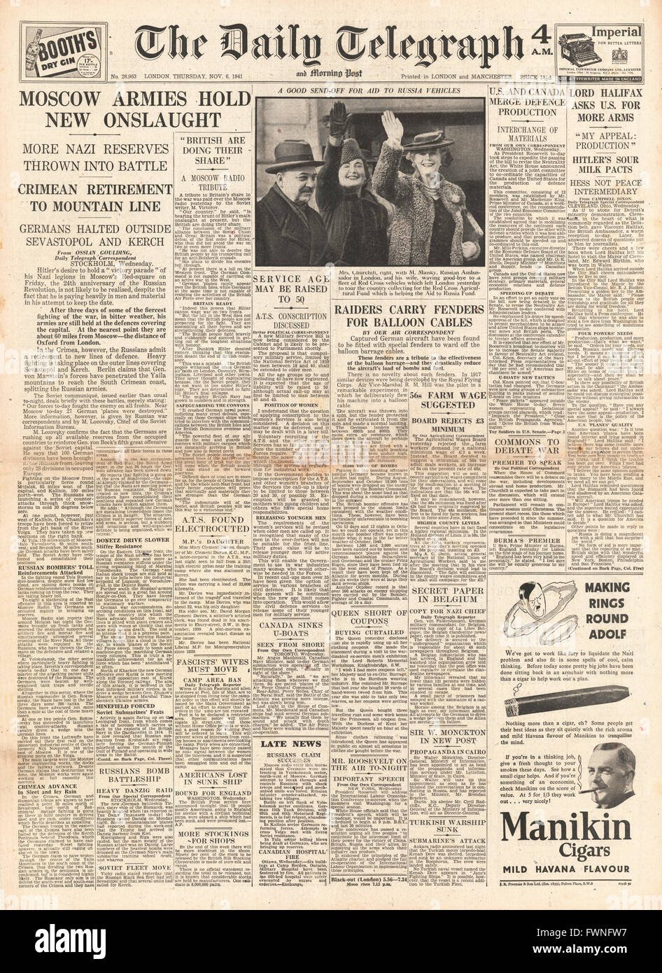 1941 front page Daily Telegraph Battle for Moscow and Crimea Stock Photo