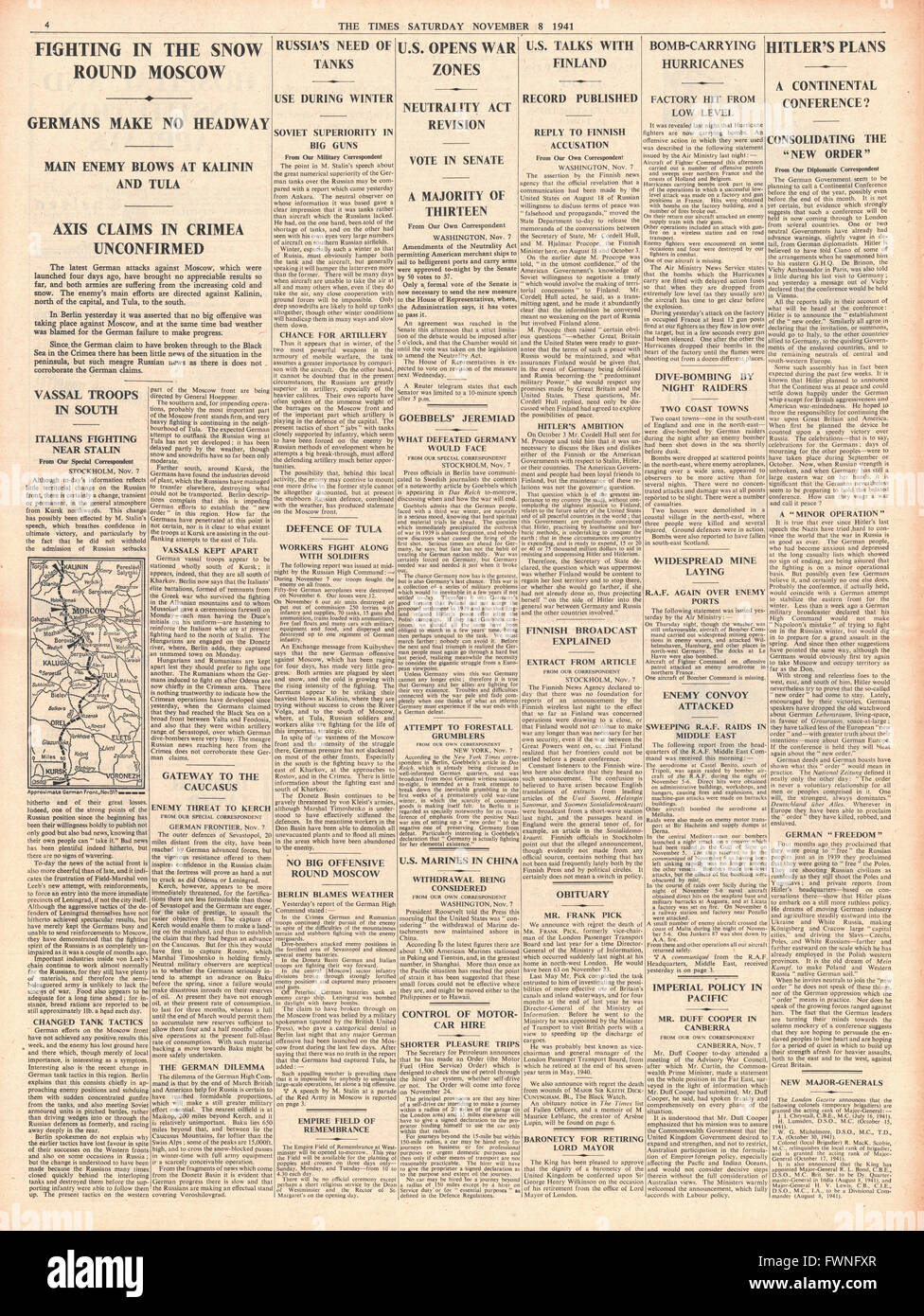 1941 page 4 The Times Battle for Moscow and Crimea and  U.S. Senate vote to end Neutrality Act Stock Photo