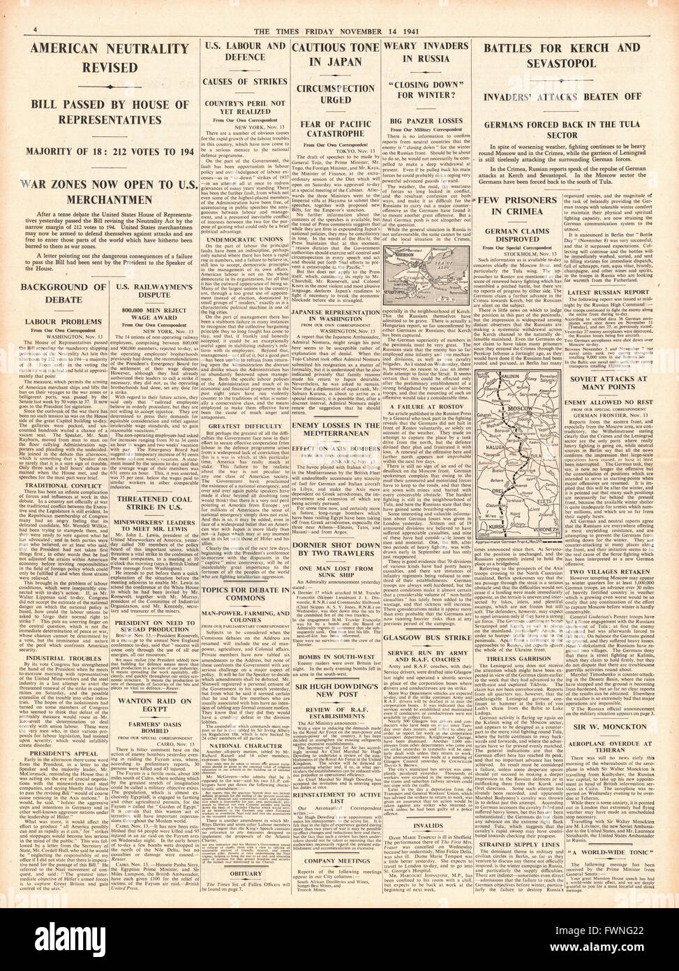 1941 page 4 The Times  U.S. Merchant Ships carry arms to Britain and German Army advance on Caucasus Oil Fields Stock Photo